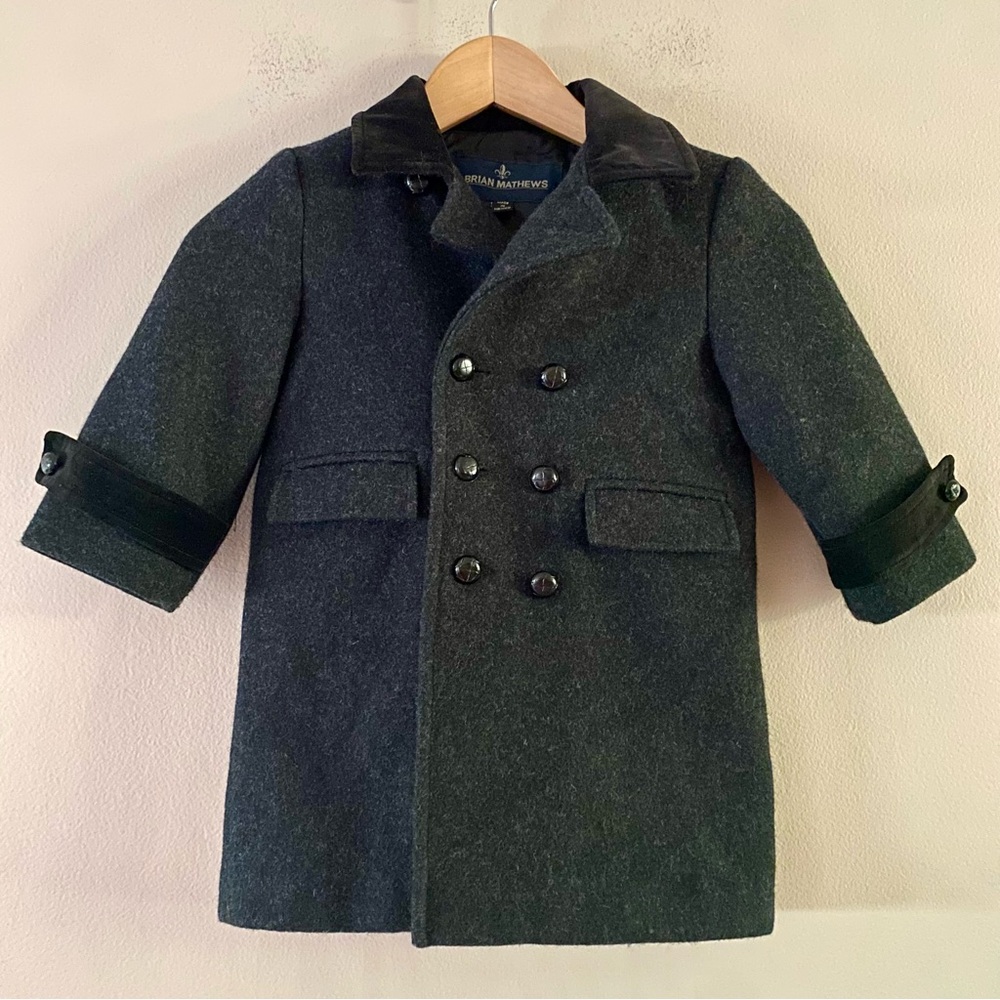 Vintage Brian Mathews Gray Wool Black Velvet Double Breasted Pea Coat Size 2T